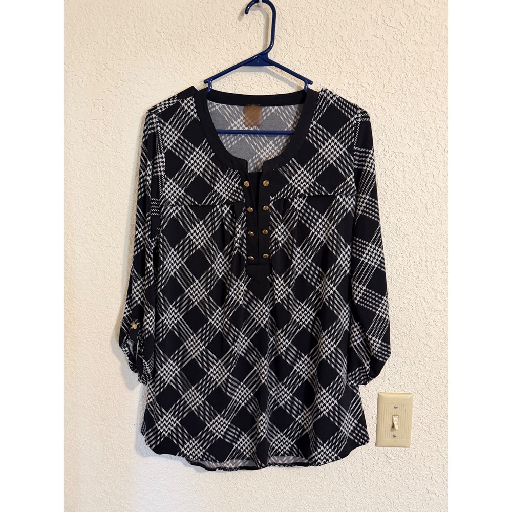 Anne Klein Womens Black White Plaid Gold Button 3/4 Roll Tab Sleeve Blouse L